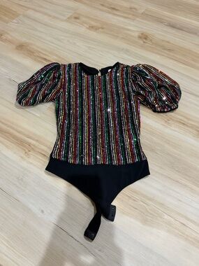 Lovers + Friends Multi-Color Sequin Puff Sleeve Bodysuit - Black Base